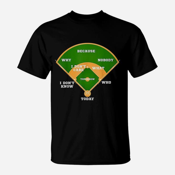 Who Is On First Baseball Diamond Fielding Card T-Shirt