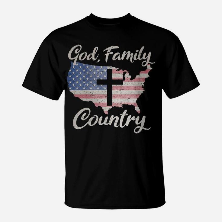 Womens GOD FAMILY COUNTRY Christian Cross American Flag Love Jesus T-Shirt