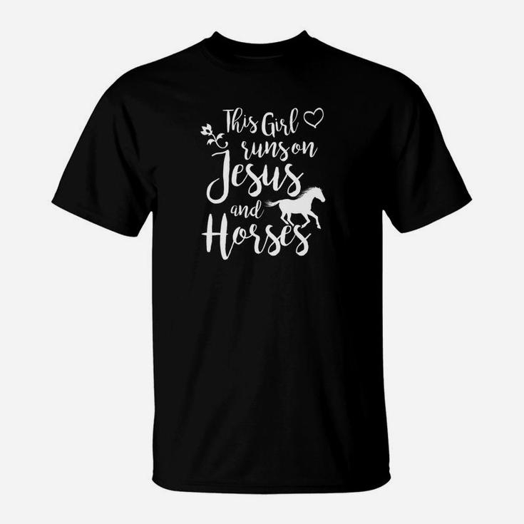 Womens This Girl Runs On Jesus Horses Racing Riding Gift T-Shirt