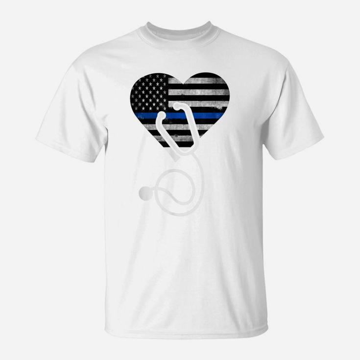 American Flag Heart With Police Thin Blue Line Nurse Rn Lvn T-Shirt