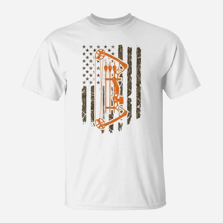 Bow Hunting Gift Usa American Flag Hunter Tree Camouflage T-Shirt