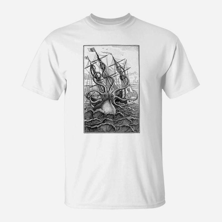 Giant Octopus Pirate Ship Vintage Kraken  Sailing Squid T-Shirt