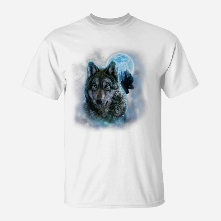 , Grey Wolf Hunting Ground, Icy Moon, Forest, Galaxy T-Shirt