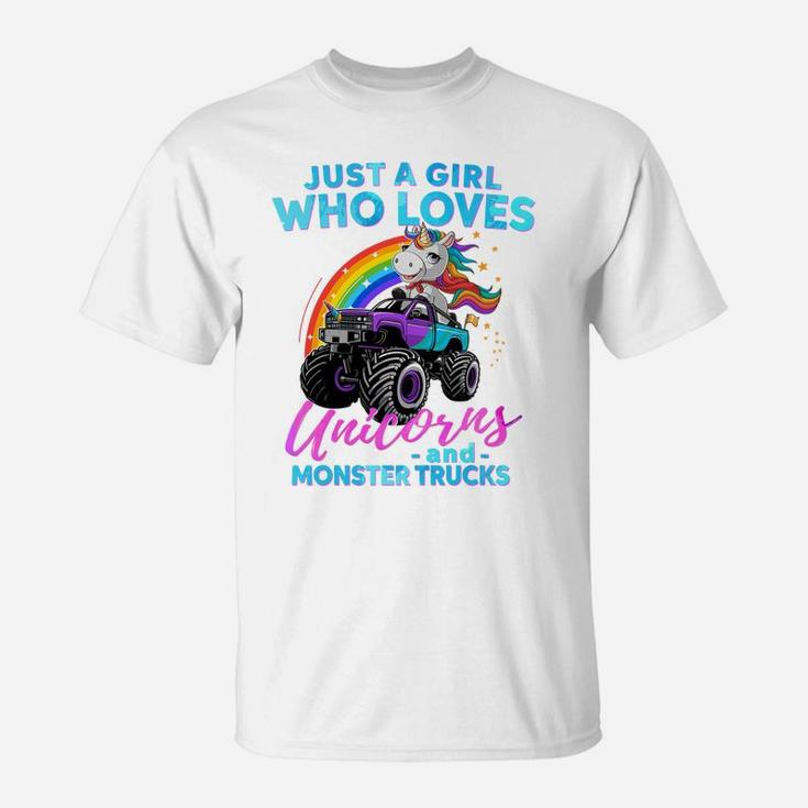 Just A Girl Who Loves Unicorns And Monster Trucks Girls Kids Sweatshirt T-Shirt