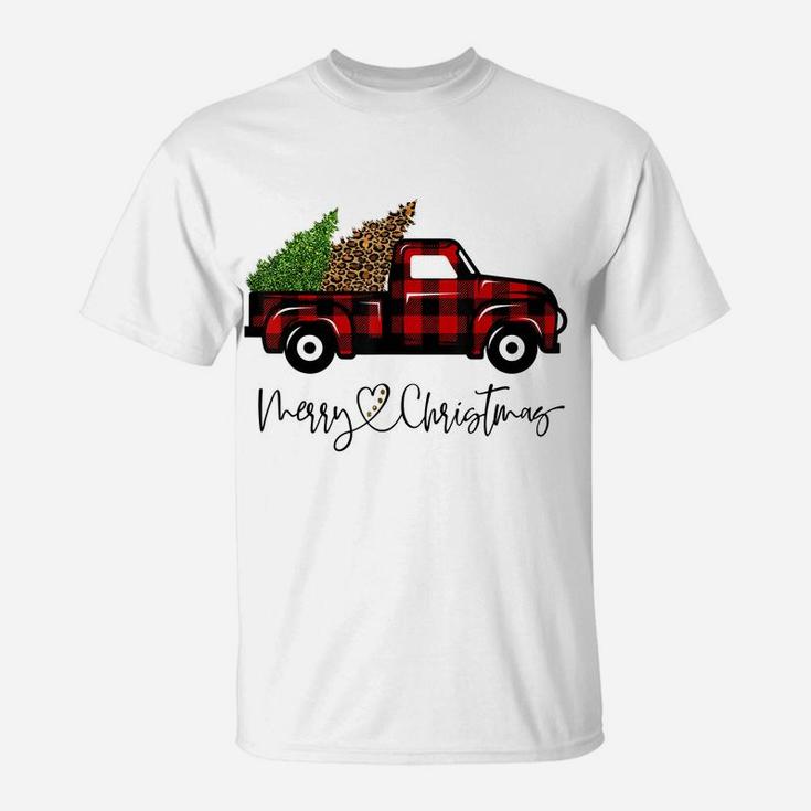 Merry Christmas Buffalo Truck Tree Red Plaid Leopard Women T-Shirt