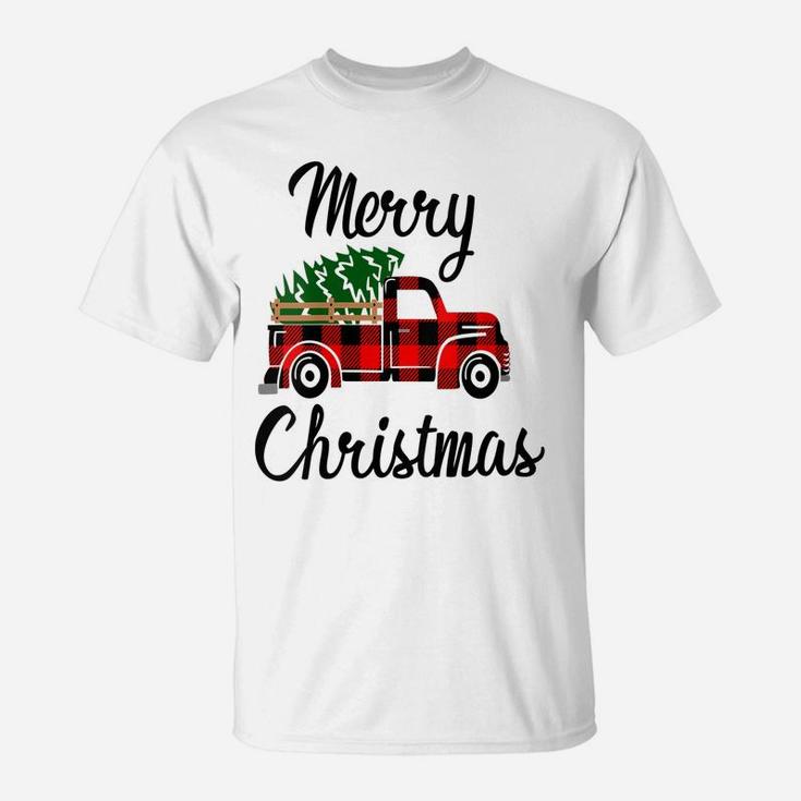 Womens Merry Christmas Pick Up Truck Country Tree Red Buffalo Plaid T-Shirt